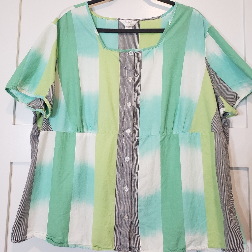 CJ Banks Cotton 100% Button Down Short Sleeve Top Size 3X Green White Li… - Picture 6 of 13